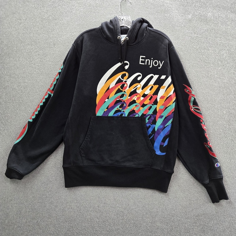 VINTAGE Champion x Coca-Cola Men Hoodie L Black Reverse Weave Y2K